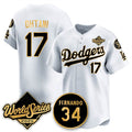 Los Angeles Dodgers #17 Shohei Ohtani White Gold 2025 World Series With No.34 Patch Limited Stitched Baseball Jersey