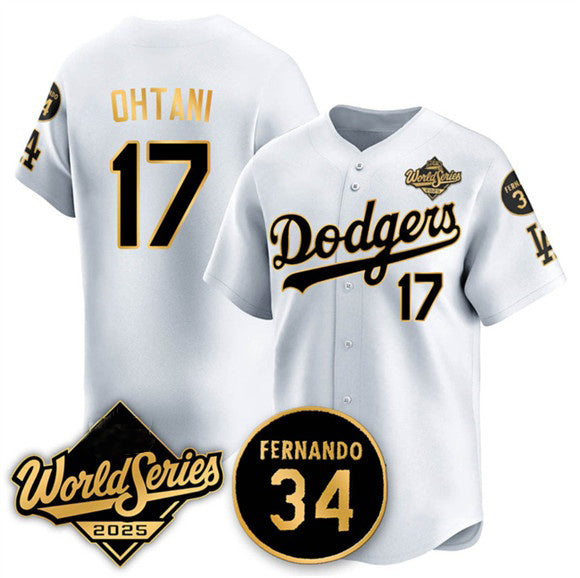Los Angeles Dodgers #17 Shohei Ohtani White Gold 2025 World Series With No.34 Patch Limited Stitched Baseball Jersey