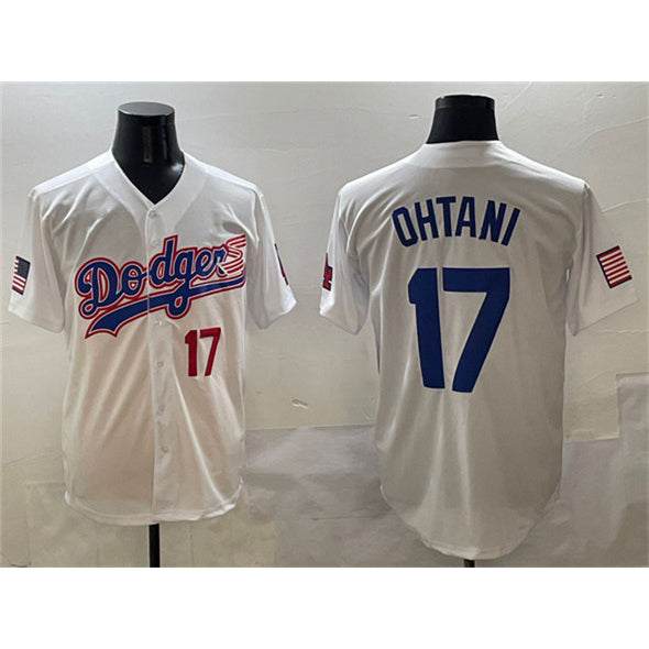 Los Angeles Dodgers #17 Shohei Ohtani White With American Flag Patch Limited Stitched Baseball Jersey