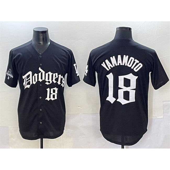 Los Angeles Dodgers #18 Yoshinobu Yamamoto Black 2025 LA Gothic Style With 2024 World Series Champions Patch Vapor Premier Limited Stitched Baseball Jersey