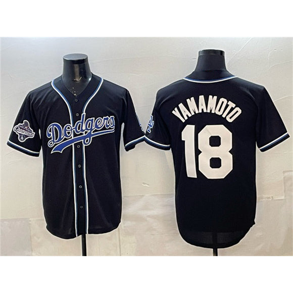 Los Angeles Dodgers #18 Yoshinobu Yamamoto Black 2025 World Series Champions Patch Cool Base Stitched Baseball Jersey