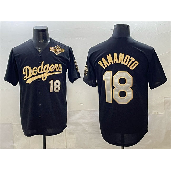 Los Angeles Dodgers #18 Yoshinobu Yamamoto Black Gold 2025 World Series Patch Limited Stitched Baseball Jersey