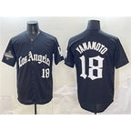 Los Angeles Dodgers #18 Yoshinobu Yamamoto Black LA Gothic Style With 2025 World Series Champions Patch Baseball Jersey