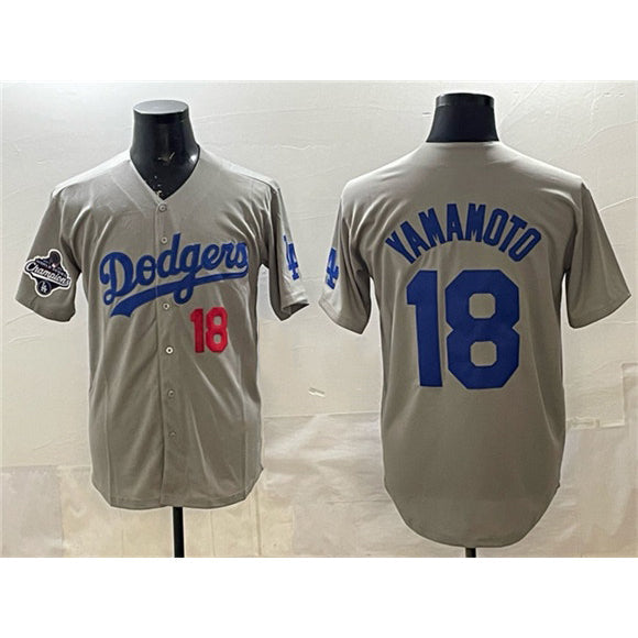 Los Angeles Dodgers #18 Yoshinobu Yamamoto Gray 2025 World Series Champions Patch Stitched Baseball Jersey