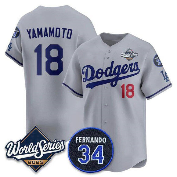 Los Angeles Dodgers #18 Yoshinobu Yamamoto Gray 2025 World Series With No. 34 Patch Limited Stitched Baseball Jersey