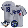 Los Angeles Dodgers #18 Yoshinobu Yamamoto Gray 2025 World Series With No. 34 Patch Limited Stitched Baseball Jersey