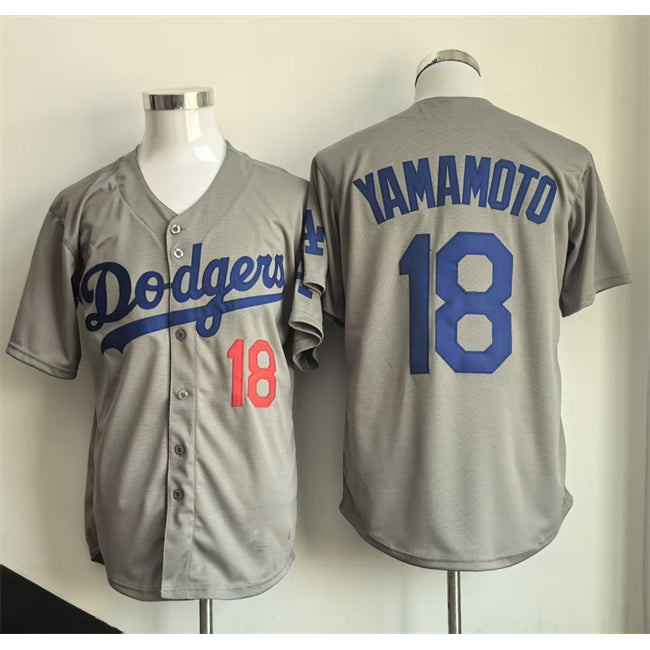 Los Angeles Dodgers #18 Yoshinobu Yamamoto Gray Cool Base Stitched Baseball Jersey