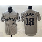 Los Angeles Dodgers #18 Yoshinobu Yamamoto Grey LA Gothic Style With 2025 World Series Champions Patch Limited Stitched Baseball Jersey