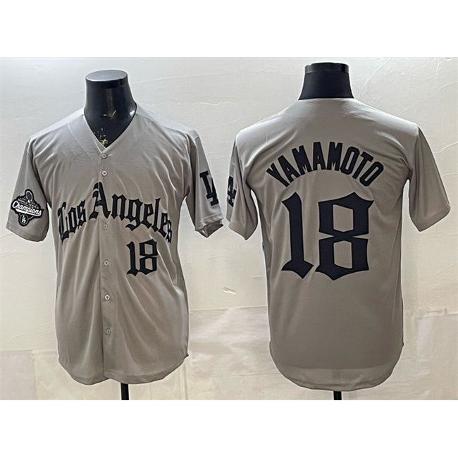 Los Angeles Dodgers #18 Yoshinobu Yamamoto Grey LA Gothic Style With 2025 World Series Champions Patch Limited Stitched Baseball Jersey