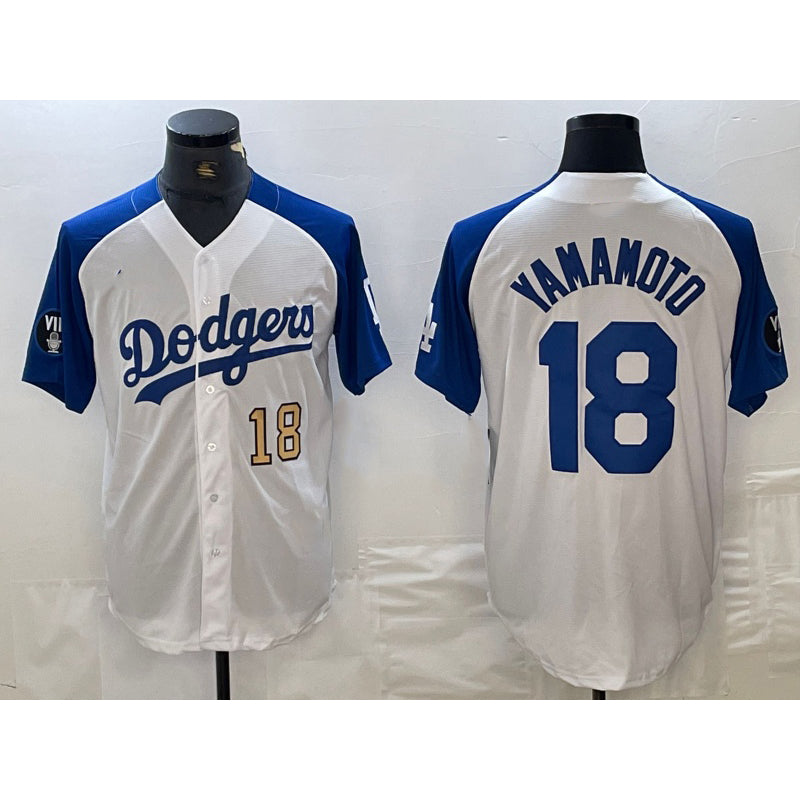 Los Angeles Dodgers #18 Yoshinobu Yamamoto Number White Blue Fashion Stitched Cool Base Limited Baseball Jersey
