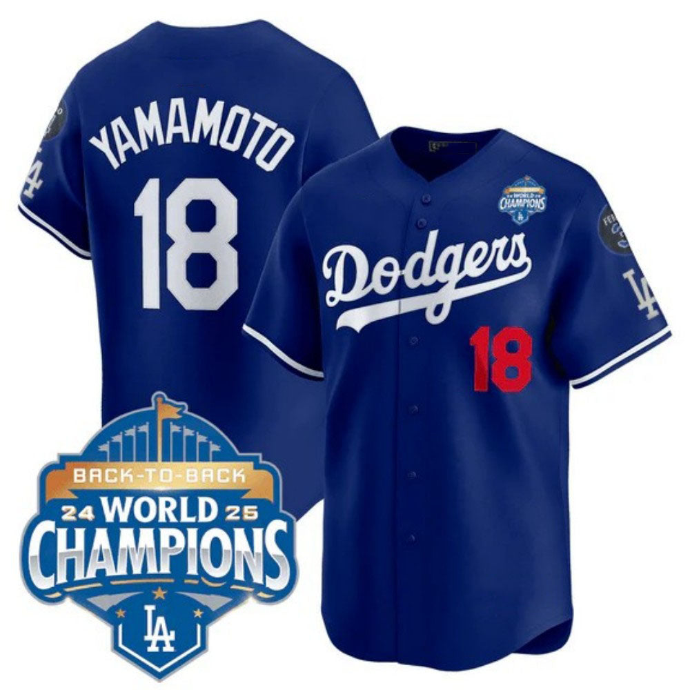 Los Angeles Dodgers #18 Yoshinobu Yamamoto Royal 2025 Back-To-Back World Series Champions Jersey