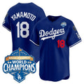 Los Angeles Dodgers #18 Yoshinobu Yamamoto Royal 2025 Back-To-Back World Series Champions Jersey