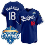 Los Angeles Dodgers #18 Yoshinobu Yamamoto Royal 2025 Back-To-Back World Series Champions Jersey