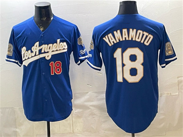 Los Angeles Dodgers #18 Yoshinobu Yamamoto Royal 2026 Gold Collection 9x & B2B Champs Patch Stitched Baseball Jersey
