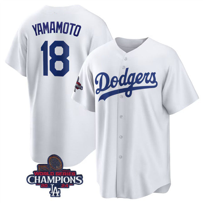 Los Angeles Dodgers #18 Yoshinobu Yamamoto White 2024 World Series Champions Cool Base Stitched Baseball Jersey