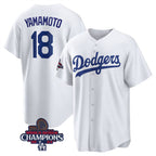 Los Angeles Dodgers #18 Yoshinobu Yamamoto White 2024 World Series Champions Cool Base Stitched Baseball Jersey