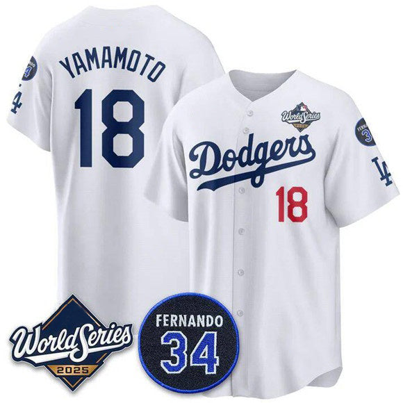 Los Angeles Dodgers #18 Yoshinobu Yamamoto White 2025 World Series With No. 34 Patch Limited Stitched Baseball Jersey