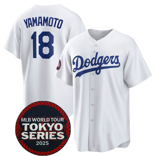Los Angeles Dodgers #18 Yoshinobu Yamamoto White 2025 World Tour Tokyo Series Home Stitched Baseball Jersey