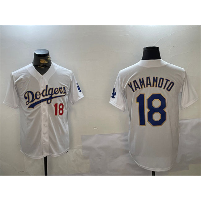 Los Angeles Dodgers #18 Yoshinobu Yamamoto White Gold Home Limited Stitched Baseball Jersey