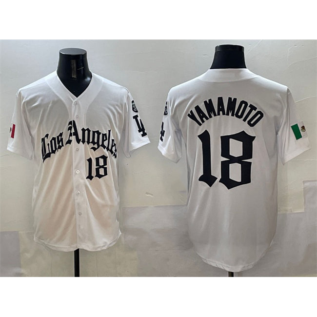 Los Angeles Dodgers #18 Yoshinobu Yamamoto White Mexico 2025 LA Gothic Style With Fernando Patch Vapor Premier Limited Stitched Baseball Jersey