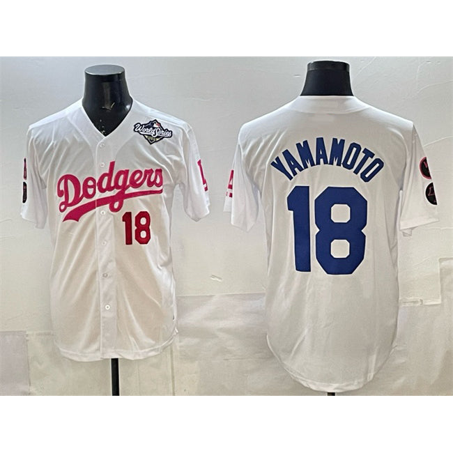 Los Angeles Dodgers #18 Yoshinobu Yamamoto White Pink 2025 World Series Vin & Kobe Patch Limited Stitched Baseball Jersey