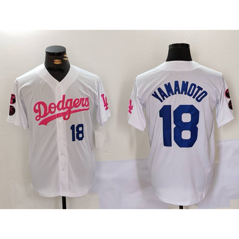 Los Angeles Dodgers #18 Yoshinobu Yamamoto White Pink Vin & Kobe Patch Stitched Baseball Jersey