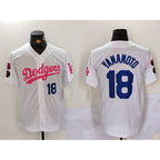 Los Angeles Dodgers #18 Yoshinobu Yamamoto White Pink Vin & Kobe Patch Stitched Baseball Jersey