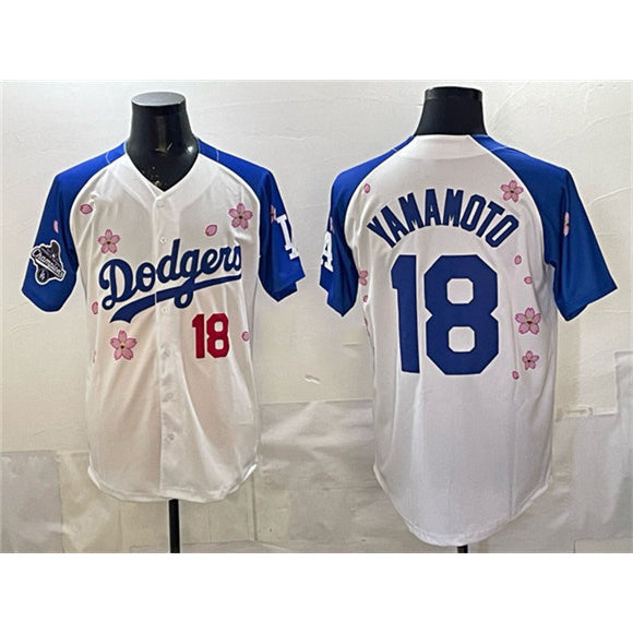 Los Angeles Dodgers #18 Yoshinobu Yamamoto White Royal 2025 World Series Champions Patch Tokyo Series Limited Stitched Baseball Jersey