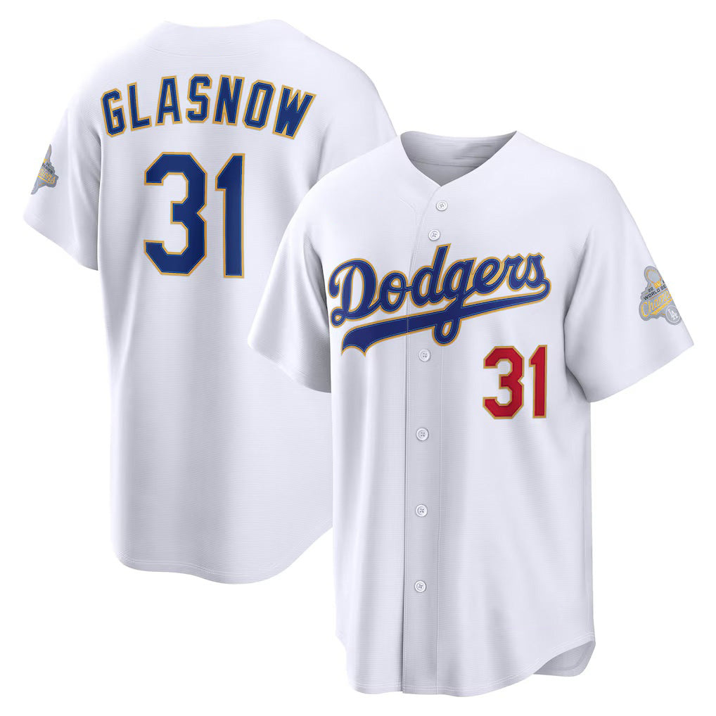 Los Angeles Dodgers #31 Tyler Glasnow White 2026 Gold Collection Stadium Baseball Jersey