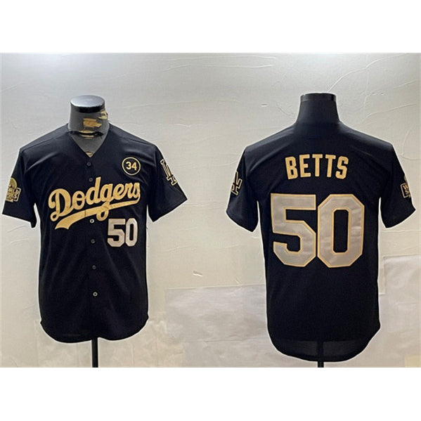 Los Angeles Dodgers #50 Mookie Betts Black Gold 2024 World Series With No. 34 Patch Limited Stitched Baseball Jersey
