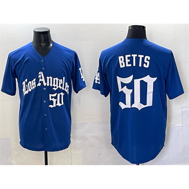Los Angeles Dodgers #50 Mookie Betts Blue 2025 LA Gothic Style With Fernando Patch Vapor Premier Limited Stitched Baseball jersey