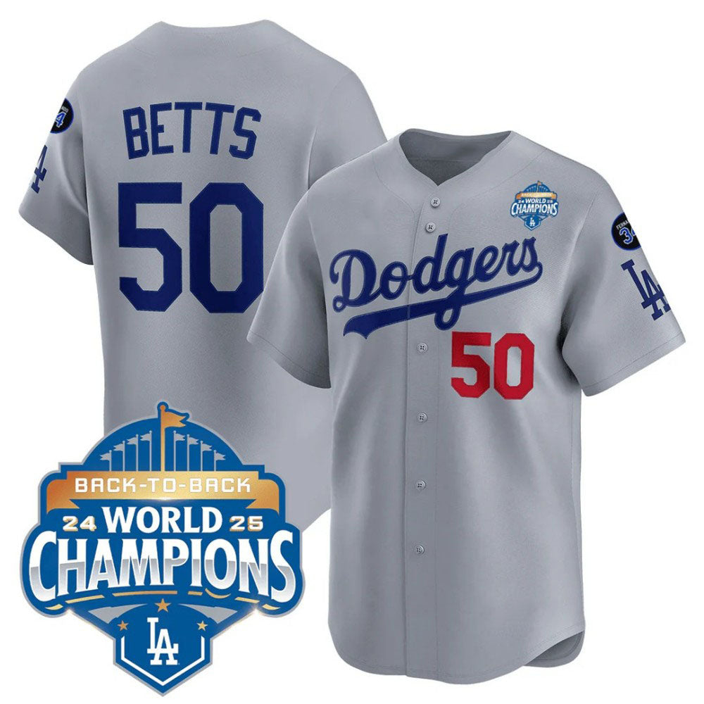 Los Angeles Dodgers #50 Mookie Betts Gray 2025 Back-To-Back World Series Champions Jersey