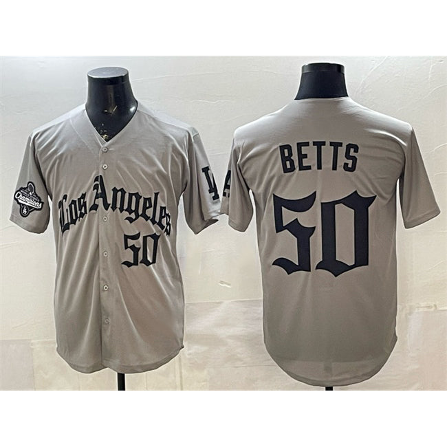 Los Angeles Dodgers #50 Mookie Betts Grey LA Gothic Style With 2025 World Series Champions Patch Limited Stitched Baseball Jersey