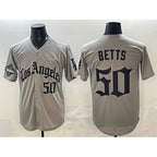 Los Angeles Dodgers #50 Mookie Betts Grey LA Gothic Style With 2025 World Series Champions Patch Limited Stitched Baseball Jersey