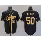 Los Angeles Dodgers #50 Mookie Betts Number Black Gold World Series Champions Cool Base Stitched Baseball Jersey
