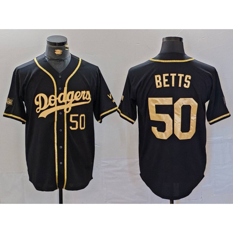 Los Angeles Dodgers #50 Mookie Betts Number Black Gold World Series Champions Cool Base Stitched Baseball Jersey