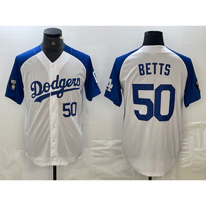 Los Angeles Dodgers #50 Mookie Betts Number White Blue Fashion Stitched Cool Base Limited Baseball Jersey