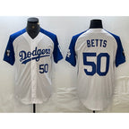 Los Angeles Dodgers #50 Mookie Betts Number White Blue Fashion Stitched Cool Base Limited Baseball Jersey