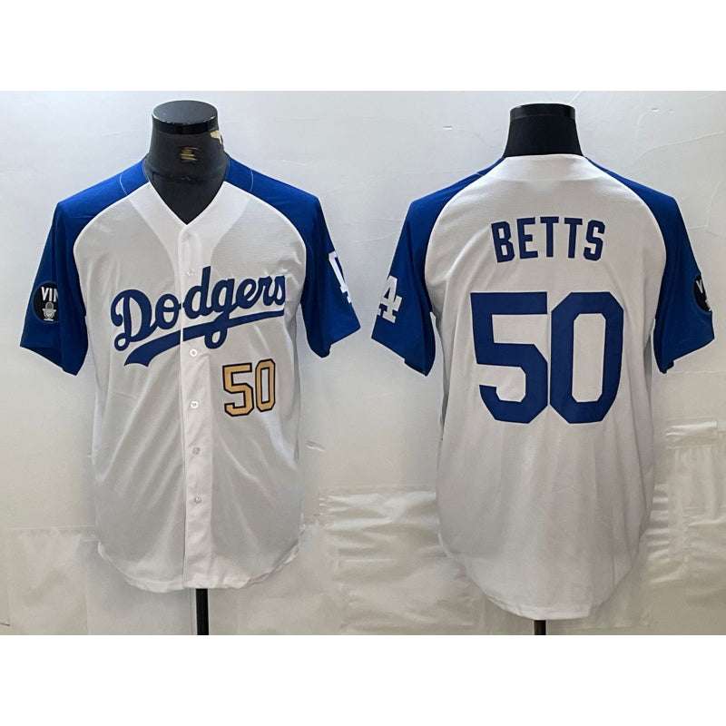 Los Angeles Dodgers #50 Mookie Betts Number White Blue Fashion Stitched Cool Base Limited Baseball Jersey