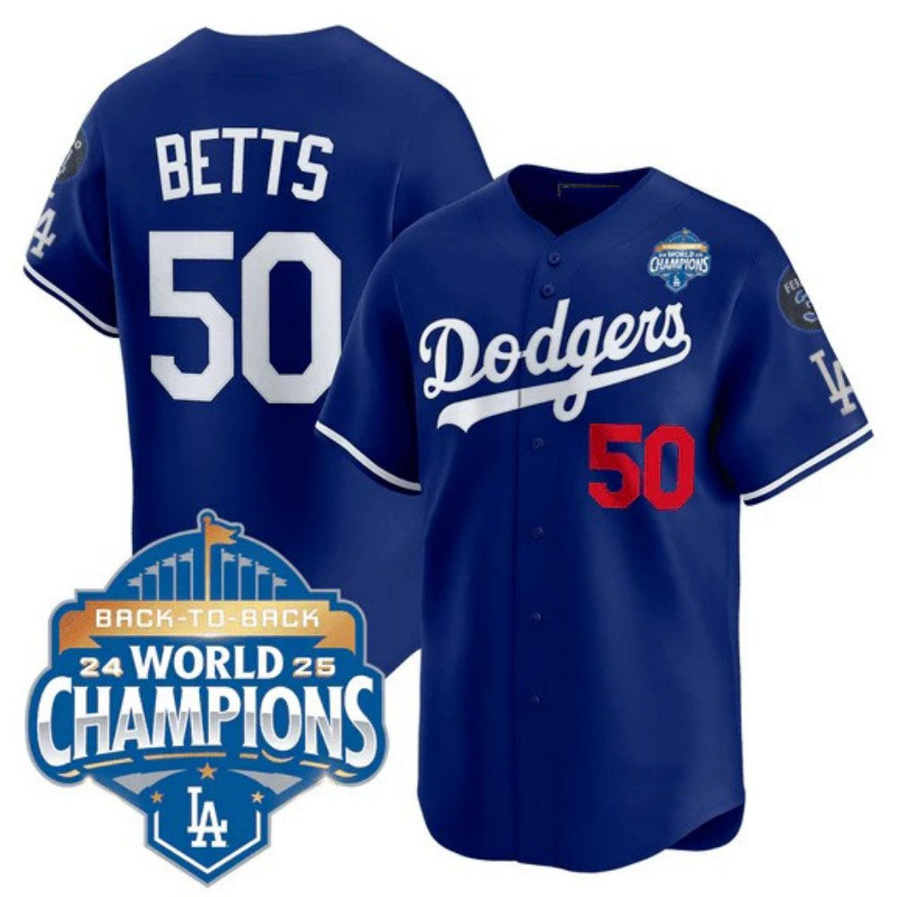Los Angeles Dodgers #50 Mookie Betts Royal 2025 Back-To-Back World Series Champions Jersey