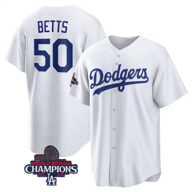 Los Angeles Dodgers #50 Mookie Betts White 2024 World Series Champions Cool Base Stitched Baseball Jersey