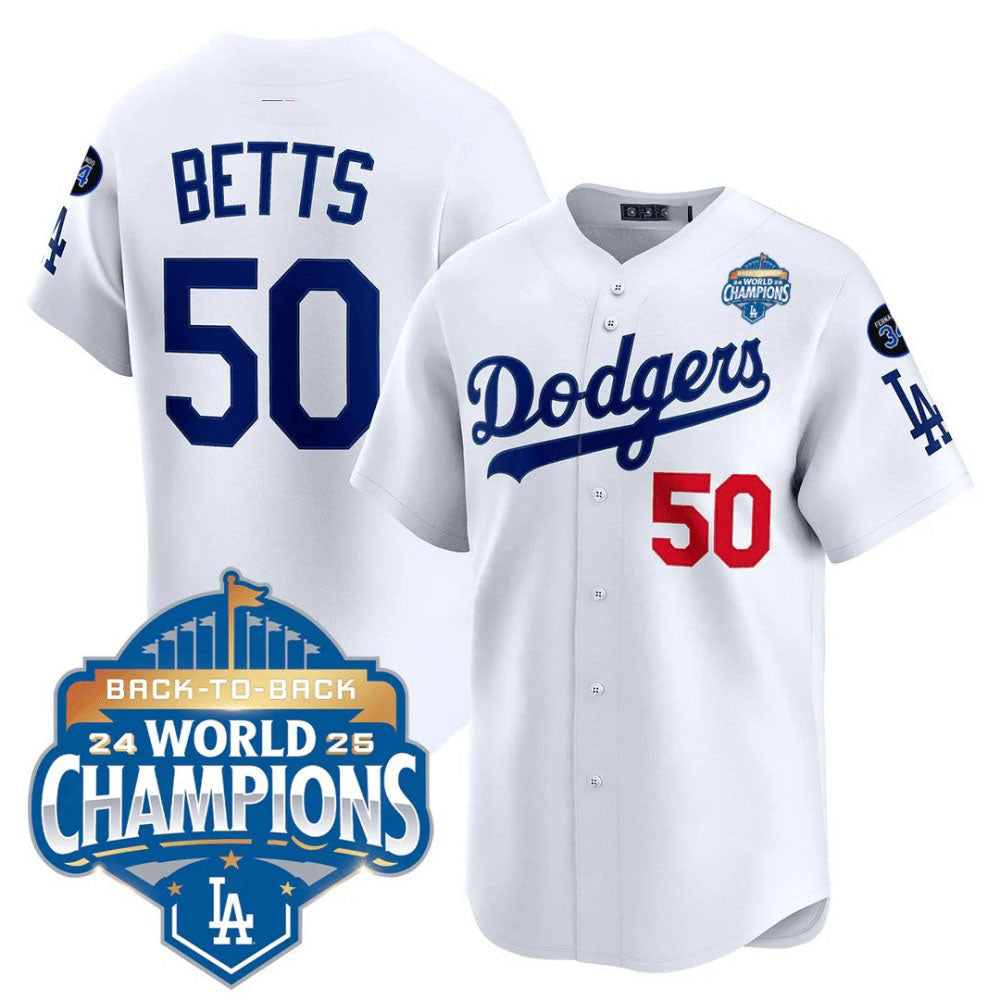 Los Angeles Dodgers #50 Mookie Betts White 2025 Back-To-Back World Series Champions Jersey
