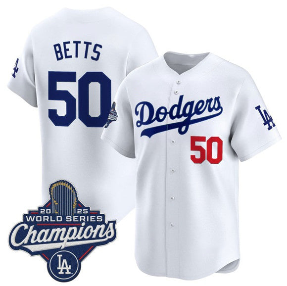 Los Angeles Dodgers #50 Mookie Betts White 2025 Champions Stitched Baseball Jersey