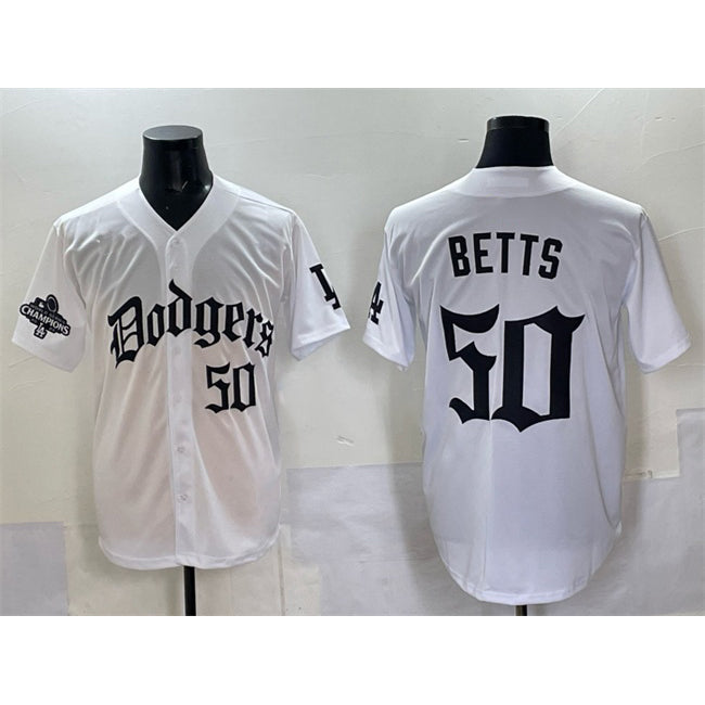 Los Angeles Dodgers #50 Mookie Betts White 2025 LA Gothic Style With 2024 World Series Champions Patch Vapor Premier Limited Stitched Baseball Jersey