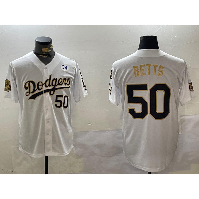 Los Angeles Dodgers #50 Mookie Betts White Gold 2024 World Series With Fernando Memorial Patch Limited Stitched baseball jersey