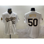 Los Angeles Dodgers #50 Mookie Betts White Gold 2024 World Series With Fernando Memorial Patch Limited Stitched baseball jersey