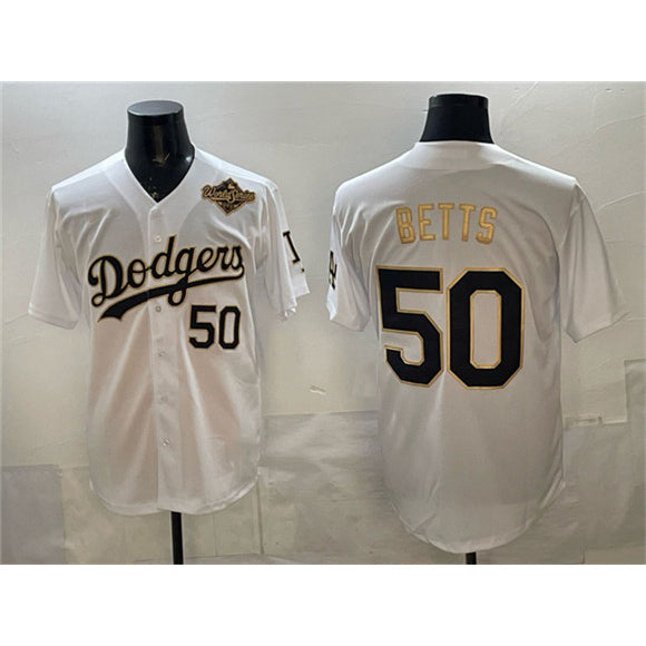 Los Angeles Dodgers #50 Mookie Betts White Gold 2025 World Series Patch Limited Stitched Baseball Jersey