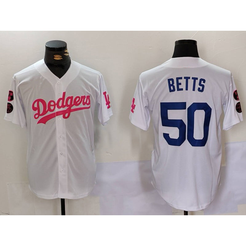 Los Angeles Dodgers #50 Mookie Betts White Pink Vin & Kobe Patch Stitched Baseball Jersey