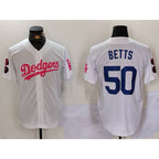 Los Angeles Dodgers #50 Mookie Betts White Pink Vin & Kobe Patch Stitched Baseball Jersey