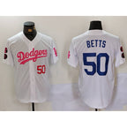Los Angeles Dodgers #50 Mookie Betts White Pink Vin & Kobe Patch Stitched Baseball Jersey